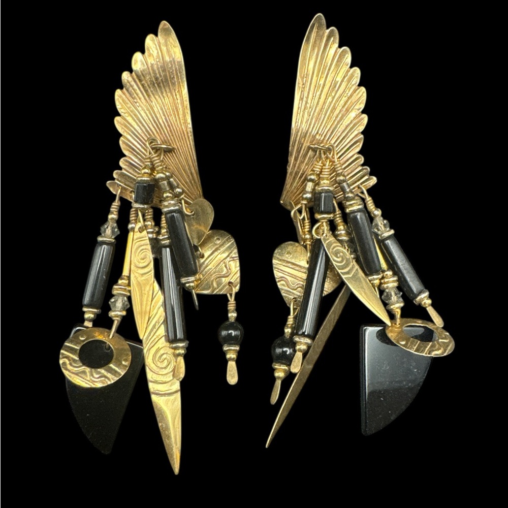 Vintage Tabra 14K GF Black Onyx Dangle Chandelier Feather Earrings 3.5”